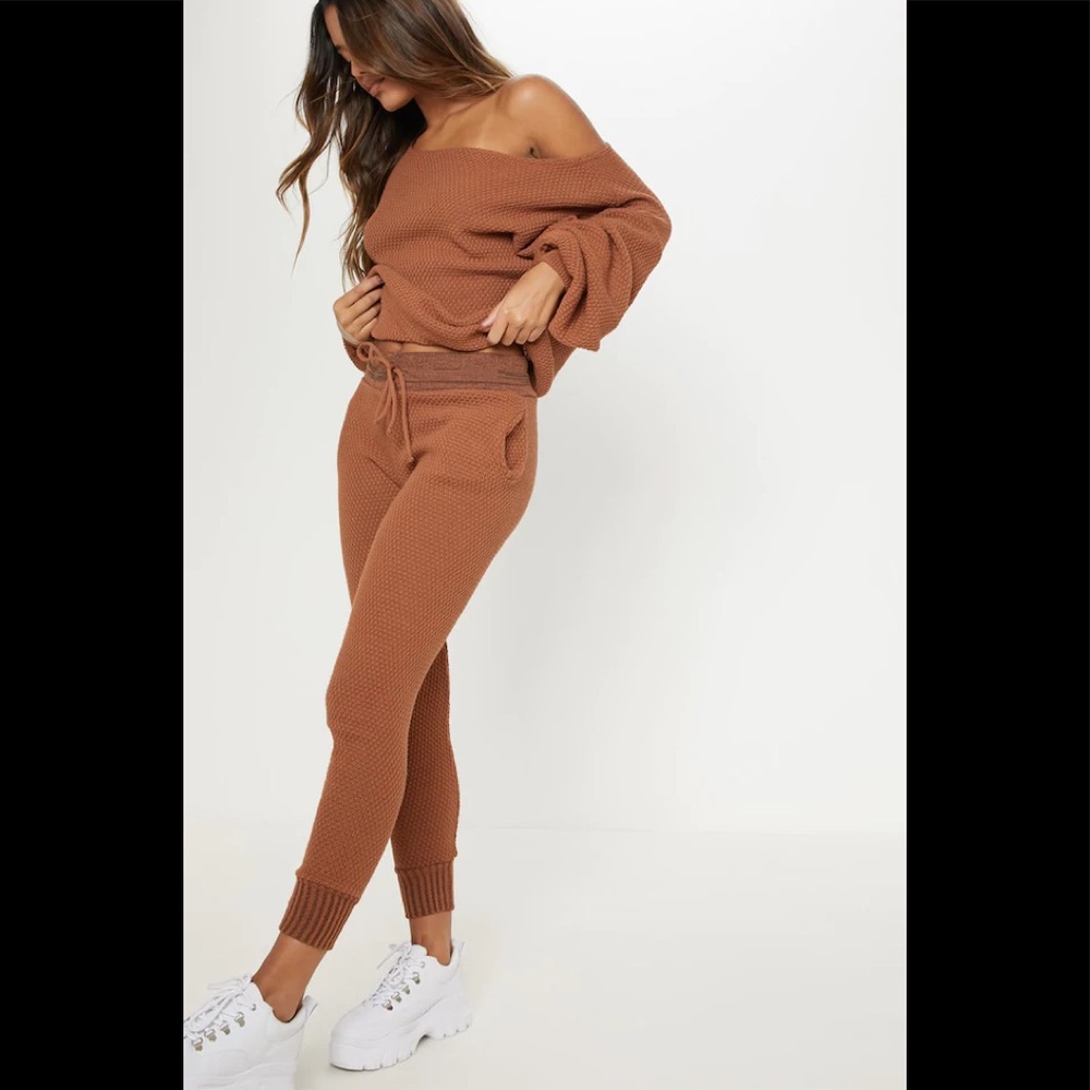 Rust Knitted Waffle Lounge Set